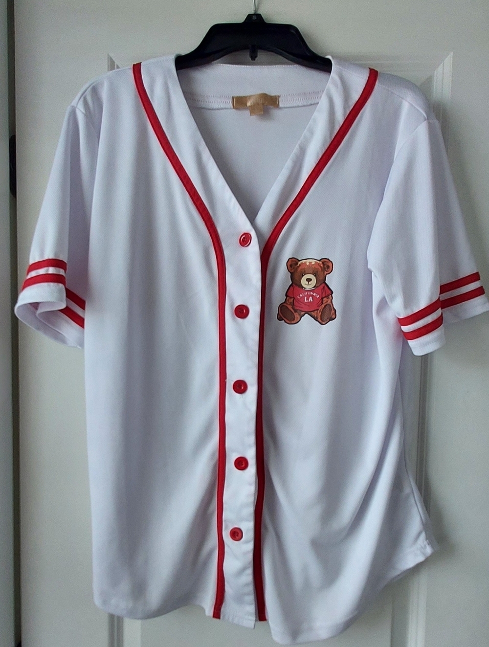 Cult Favorite Los Angeles California Teddy Bear White Baseball Jersey Blouse Lg